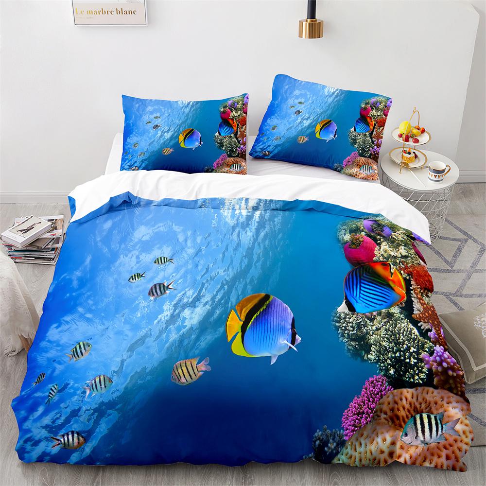 Underwater World Duvet Cover King Queen Blue Ocean Shark Bedding Set For Kids Sea Animal Coral Fish 2/3pcs Polyester Quilt Cover