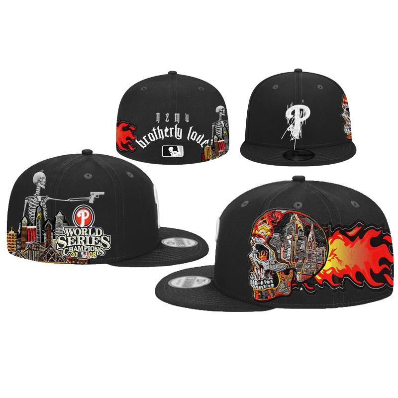 Philadelphia Phillies Gothic Snapback Hat, Black Skeleton Fire Embroidery Streetwear Flat Brim Baseball Cap one size