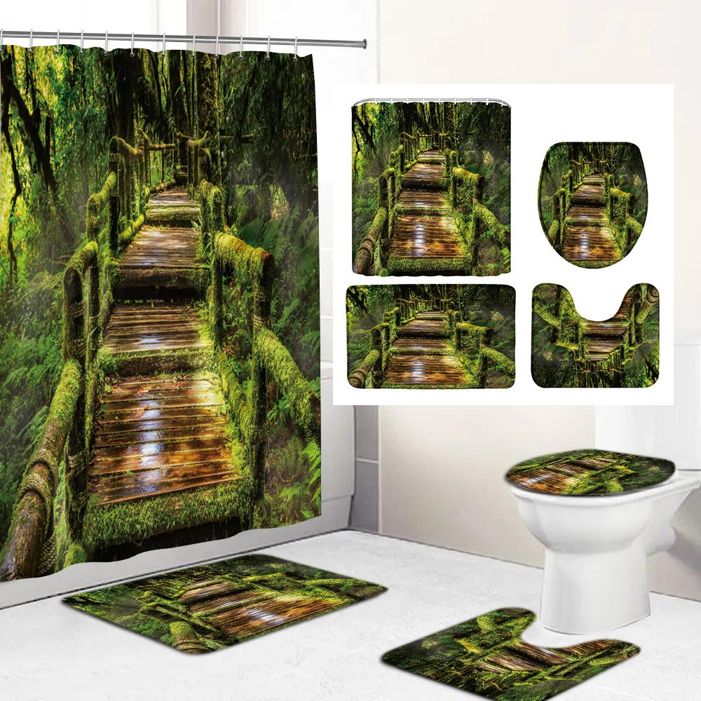 3D Natural Forest Landscape Printed Waterproof Fabric Bathroom Curtain Shower Curtains Set Anti-Skid Rugs Toilet Cover Bath Mat