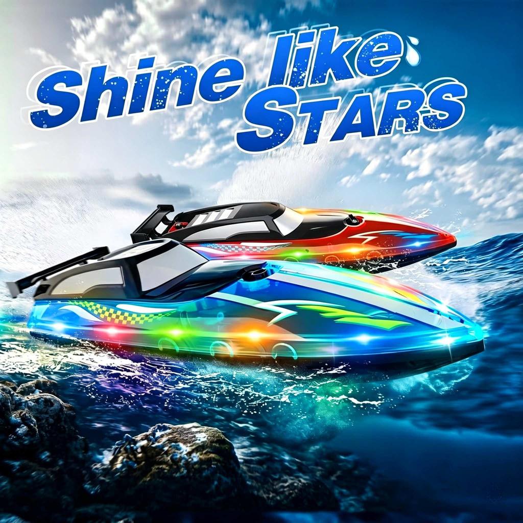 RC Boat 2.4GHz High Speed Remote Control Boat with LED Lights, Waterproof Dual Motor Speedboat for Kids Adults Pool Lake Toys