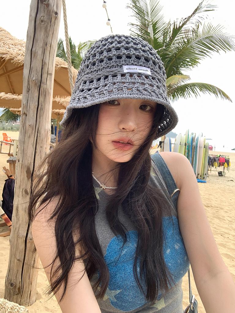 Hollow straw hat women's summer bucket hat sunshade sunscreen hat straw woven basin hat show face small bucket hat
