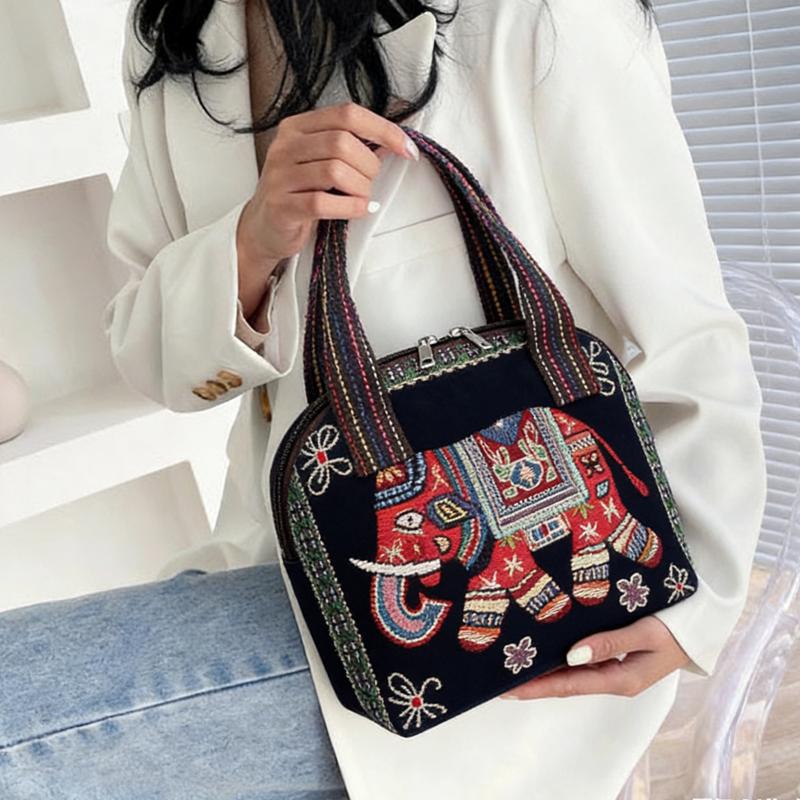 Ethnic Style Handbag Trendy Animal Embroidery Handbag Canvas Women Shoulder Bags Women Grocery Storage Pouch
