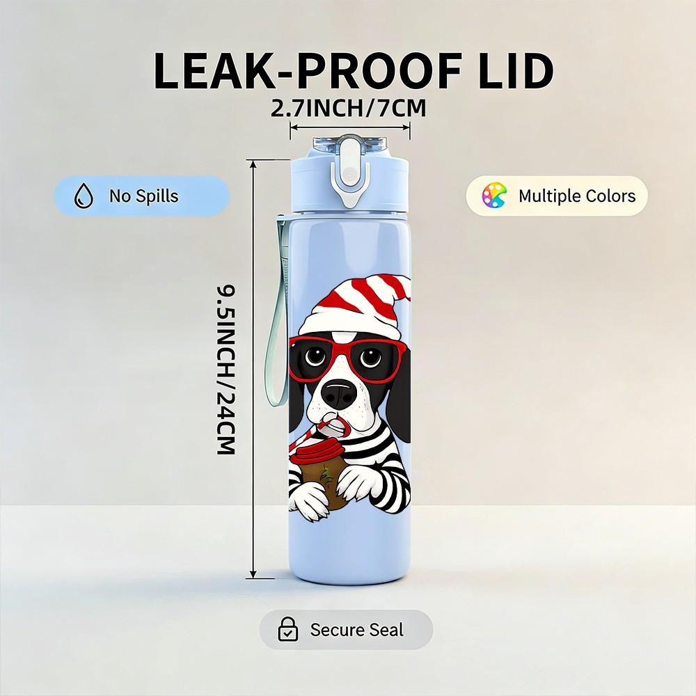 1PC Santa Hat Pet Dog Pattern 750ml Color Plastic Sports Water Bottle Leakproof Flip Straw Lid Suitable for Sports Office Home Use