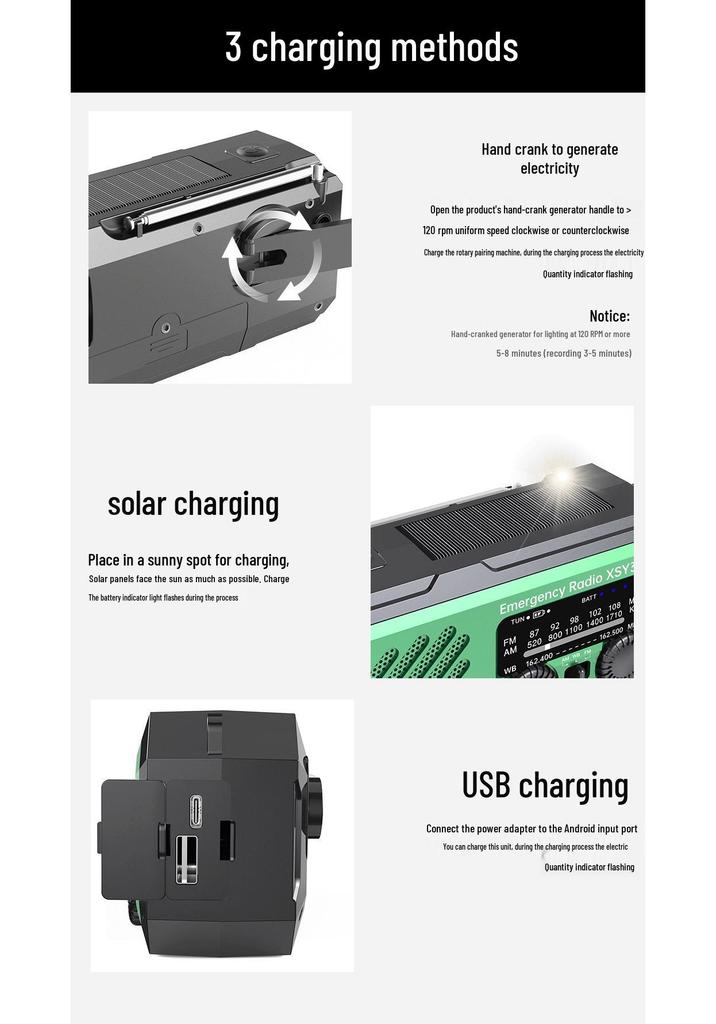 Portable Solar Hand-Crank Emergency Radio with USB Charging