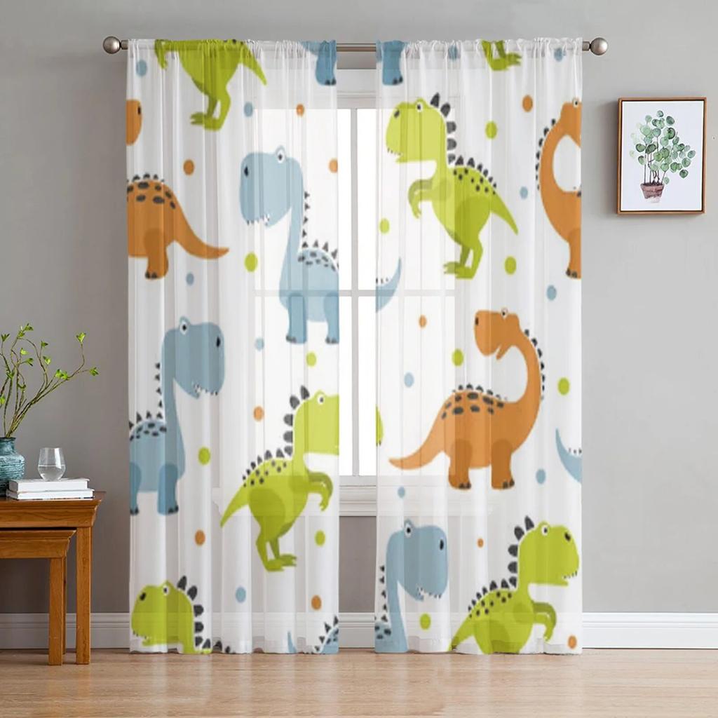 Animal Green Dinosaur Plant Tulle Sheer Window Curtains for Living Room Kitchen Children Bedroom Voile Hanging Curtain