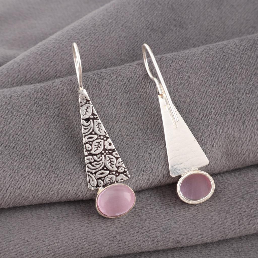 Natural Pink Cat's Eye Gemstone 925 Solid Silver Jewelry Handmade Earrings 1.9" EE-165-37