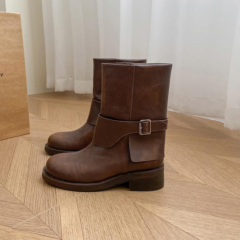 Retro Polished Round Head Martin Boots Thick Heel Belt Buckle Western Cowboy Short Boots Thin Inner Heightening Buckle Belt Martin Boots