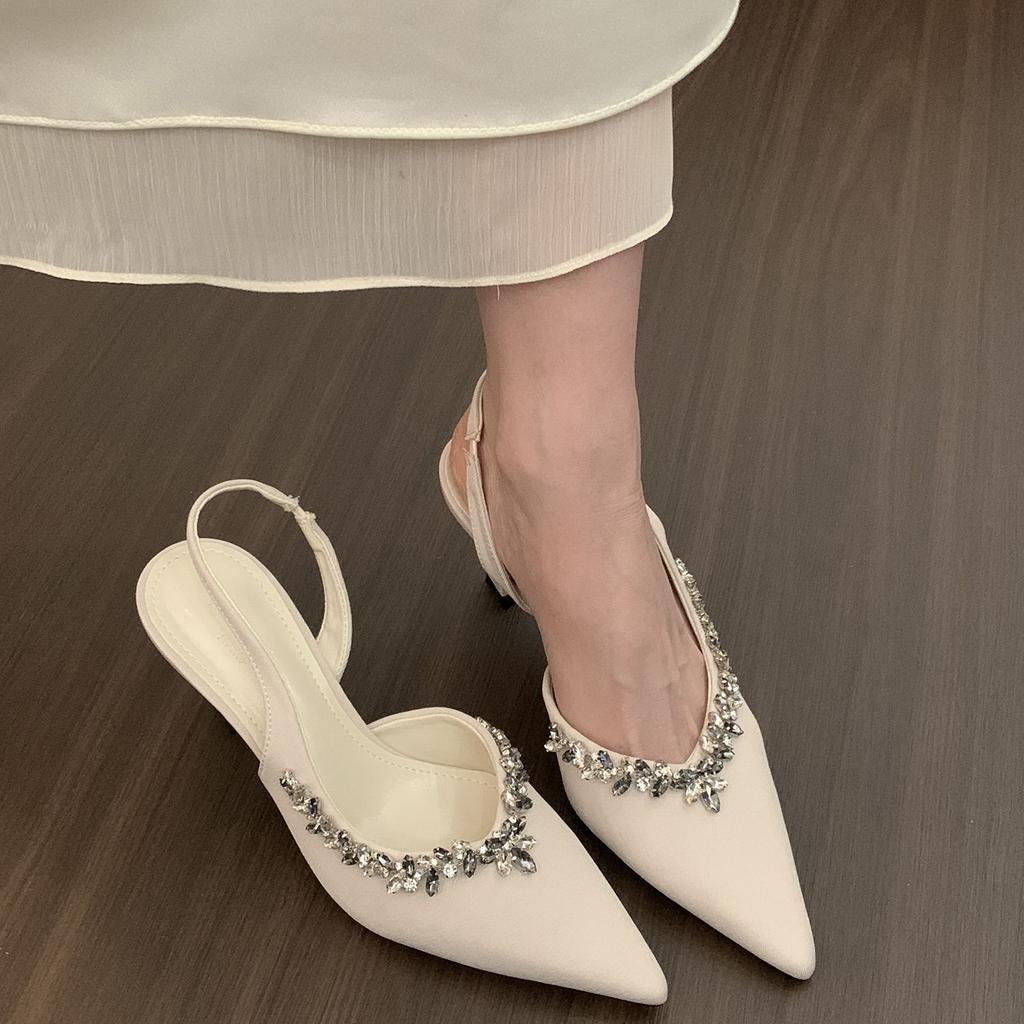 French niche pointed high heels black bag head sandals fairy shoes 2025 spring and summer temperament rhinestone single shoes
