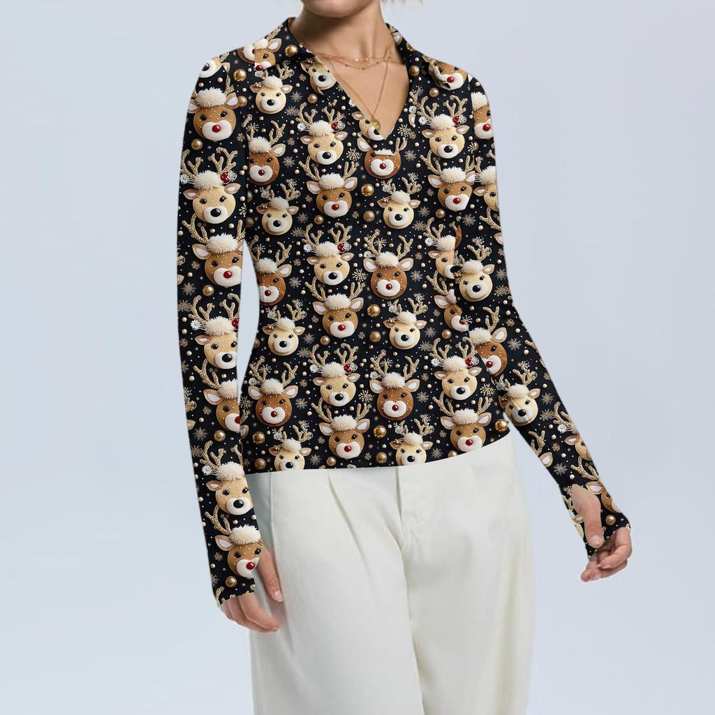 Damenmode Lässig Weihnachts-Print V-Ausschnitt Langarm Knopfleiste Oberteil