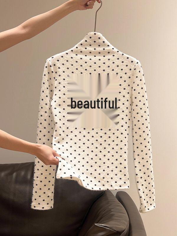 Women s White Polka Dot Long-Sleeve Brushed Turtleneck Top (2025 Autumn/Winter) Medium белый