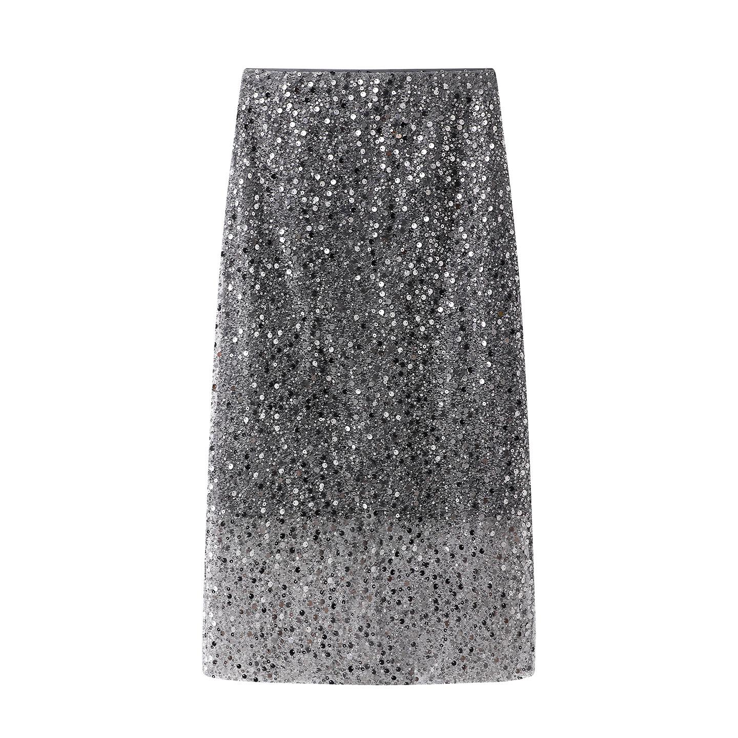 In-Stock Women s Silver Sequin Slit Skirt, Spring 2026 Collection L
