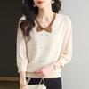 Bow Medium-sleeved Women's Spring and Summer New Chiffon Seven-quarter-sleeved Knitted Top To Cover the Belly and Show Thinness