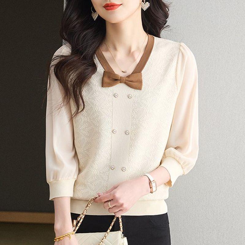 Bow Medium-sleeved Women's Spring and Summer New Chiffon Seven-quarter-sleeved Knitted Top To Cover the Belly and Show Thinness