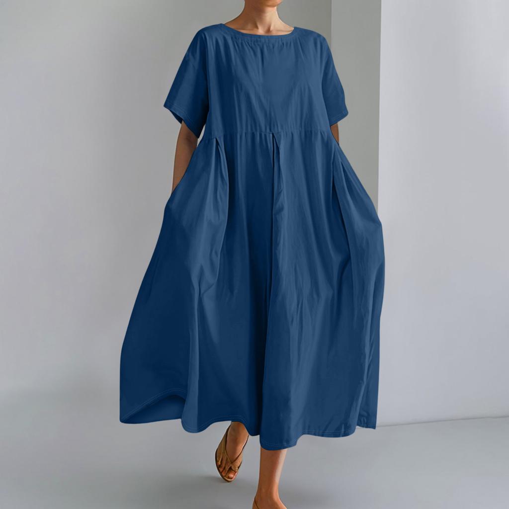 Women's  Color Fashionable Casual Cotton And Linen Loose Round Neck Short Sleeved Dress