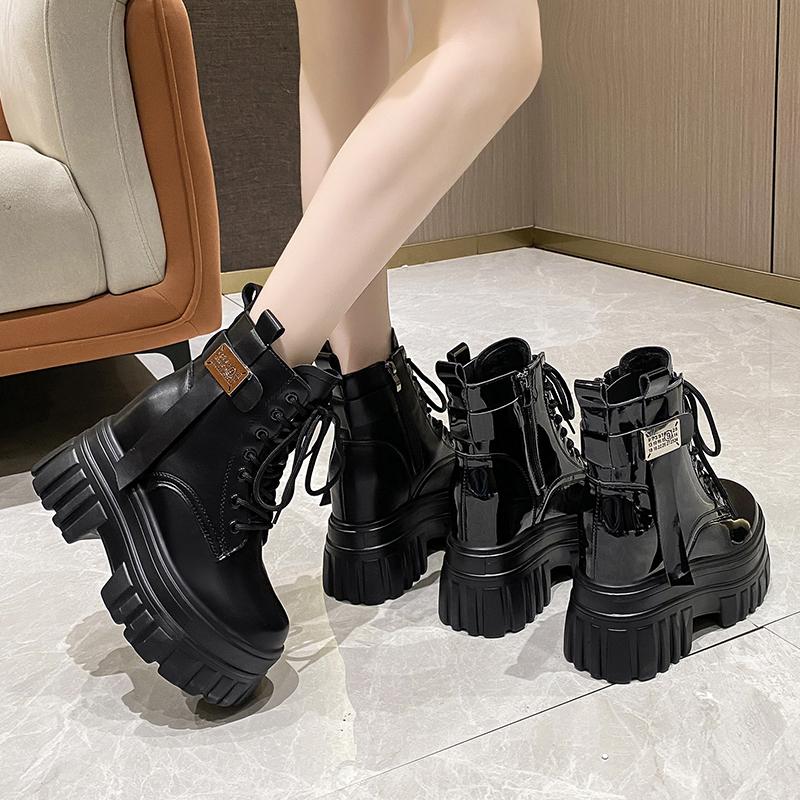 10CM Soft Leather Ankle Mid Calf Boots Winter Autumn High Platform Wedge British Booties Woman Ladies Chunky Motorcycle Boots