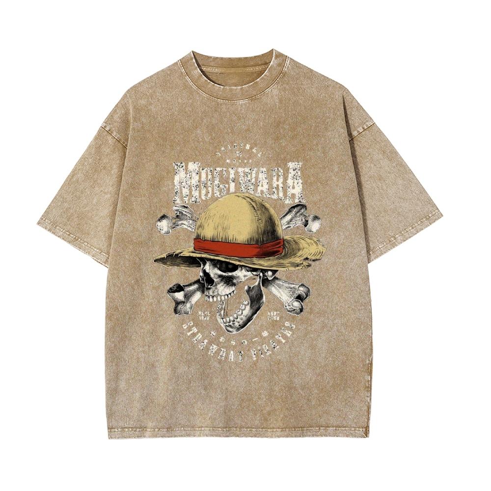 Mens Tshirt One Piece Anime Luffy Mugiwara Straw Hat Print Washed Cotton Casual Short Sleeve Tees Summer Streetwear Casual Top