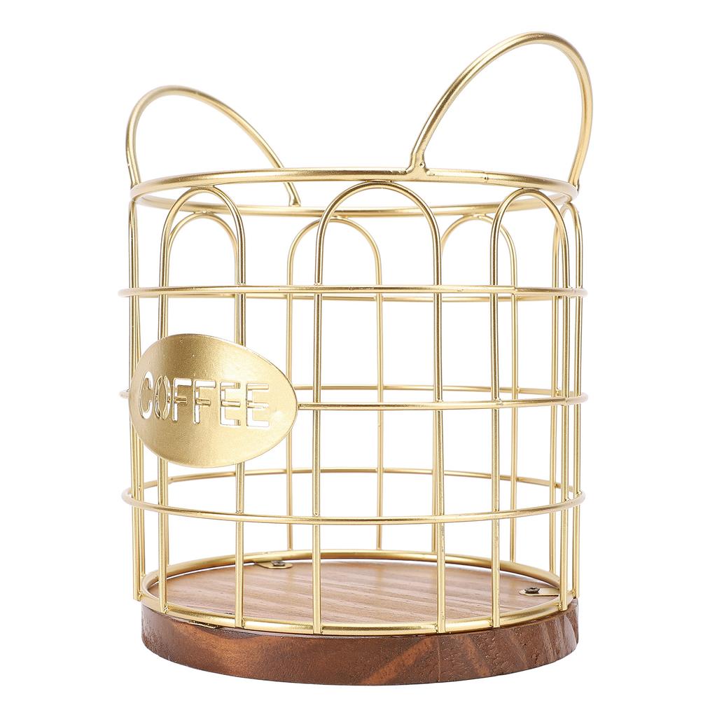 Coffee Pod Holder Iron Wire Weighte Wooden Base Coffee Capsule Storage Basket for Kitchen