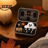 Halloween Candy Storage Mini Tin Box Gift, Plush Ghost with Haunted House Cabin Illustration Scene, Collectible Micro Theater Gift for Kids,