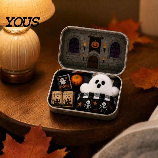 Halloween Candy Storage Mini Tin Box Gift, Plush Ghost with Haunted House Cabin Illustration Scene, Collectible Micro Theater Gift for Kids,
