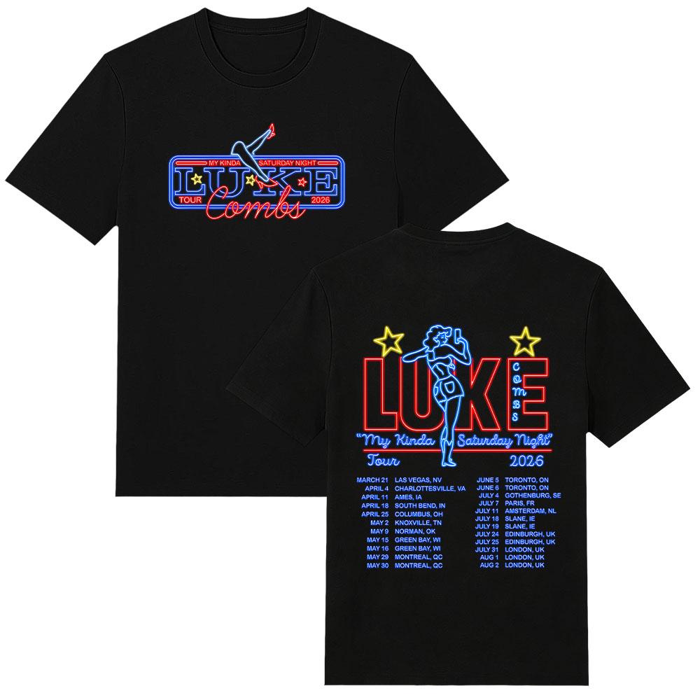 Maglietta Tour Neon Maglietta Tour Luke Combs 2026 T-shirt Maglietta in Cotone Double-sided Regalo per Fan di Musica High Street Abbigliamento Comodo