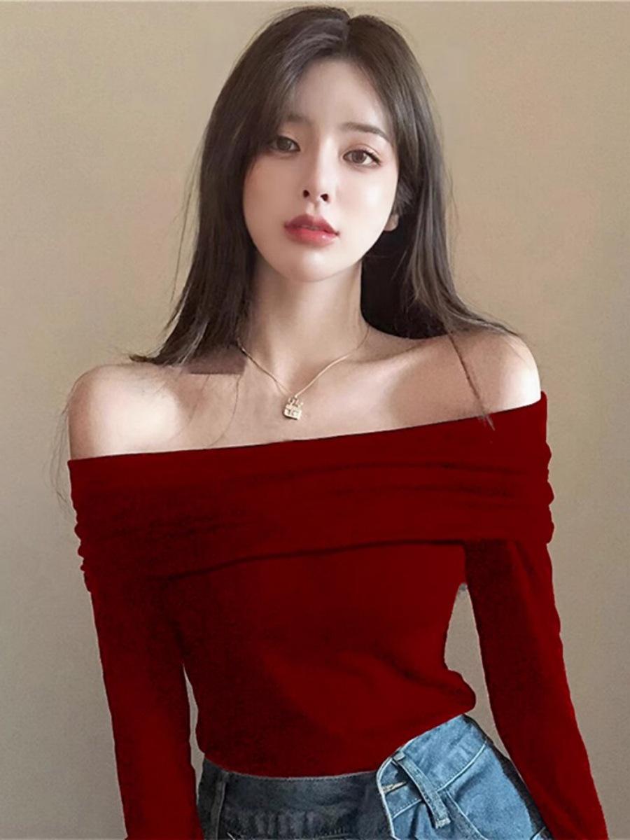 

Высококачественный ретро-топ с открытыми плечами и длинными рукавами для женщин Small красный