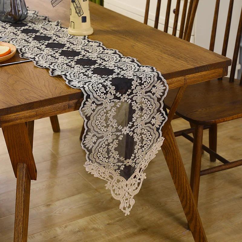 

Black Lace Table Runner Flower Embroidered TV Cabinet Tablecloth Luxury Tassel Dresser Table Flag Dust Cover Manteles De Mesa 30x120cm