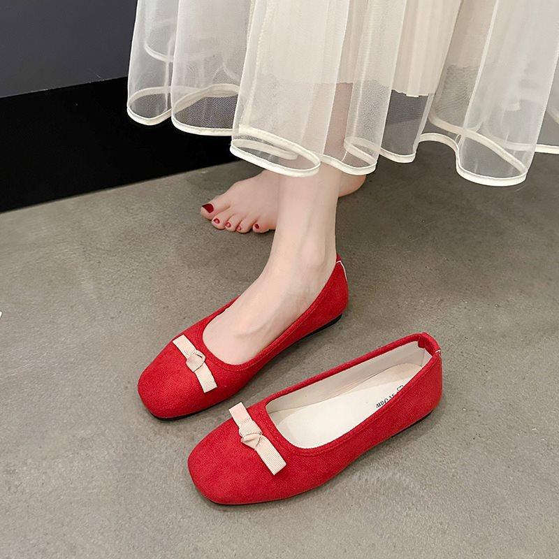 New French Spring and Autumn Evening Wind Fairy Shallow Mouth Single Shoes Female Gentle Flat-bottomed Doudou Shoes Red Pedal