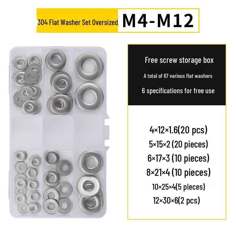 304 Stainless Steel Thickened Flat Washer Set, Sizes 2-36