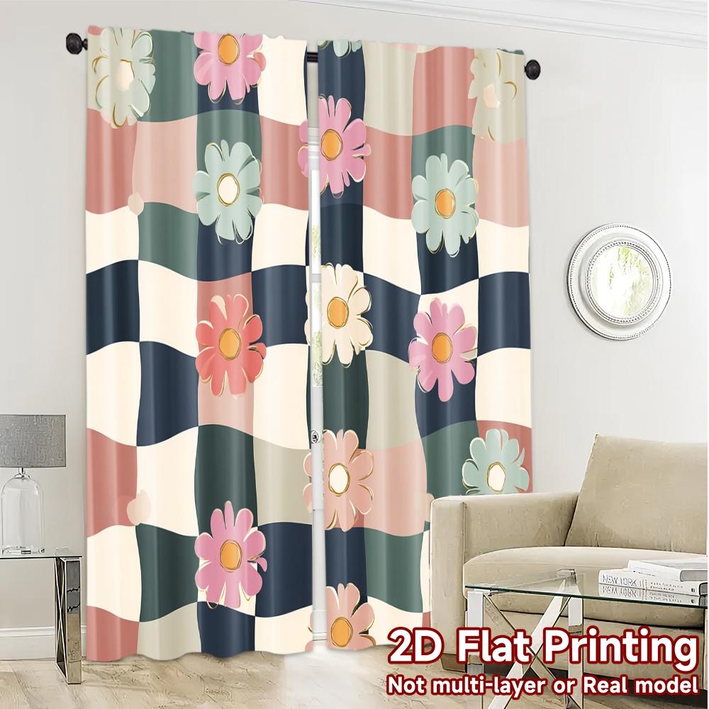 2D Flat Printing  JIT 2pcs   Curtains (Without Rod) Checkered Blooms Popular Popular Curtain Machine Washable Fabric Curtains