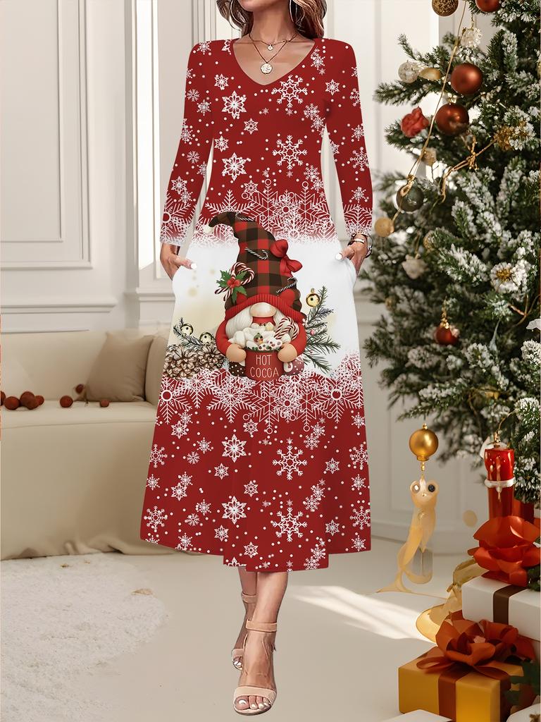 2025 Autumn and Winter New Women Casual Fashion Dress 3D Snowman Pattern Print Long Sleeve V-Neck A-Line Dresses Christmas Gift