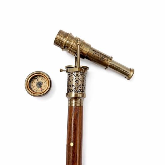 Brass Rosewood Walking Cane with Telescope Compass Vintage Nautical Cane