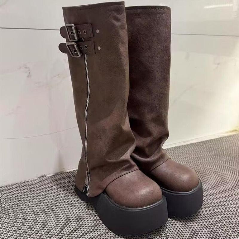 New Ladies Chunky Motorcycle Boots Soft Leather Ankle Mid Calf Boots Autumn High Platform Wedge British Booties Botas Para Mujer