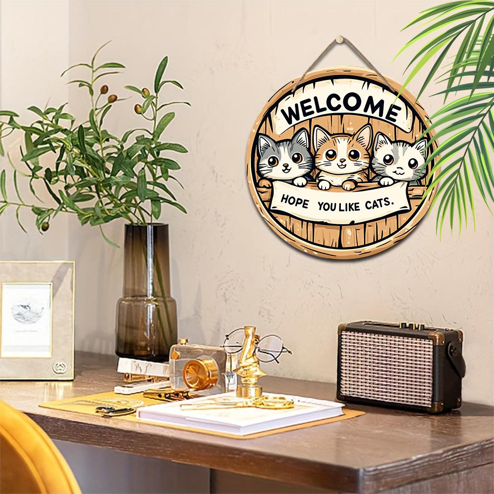 Dekorativt hengeskilt i tre, velkommenskilt, Mønsteret er tre søte katter, innendørs- eller hagedekorasjoner, 2D flat anheng, innflyttingsgaver til venner