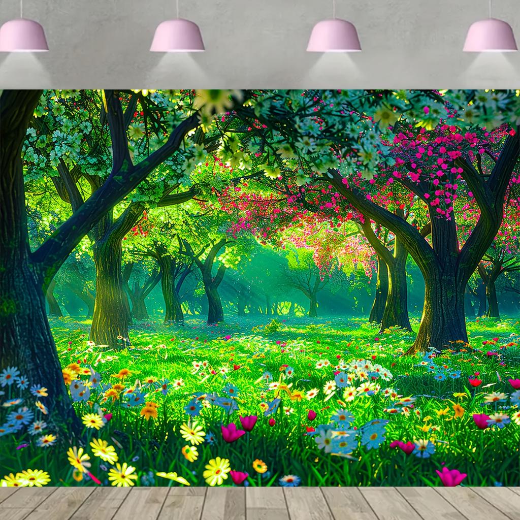 A polyester fiber spring flower garden background banner is suitable for Easter celebrations.