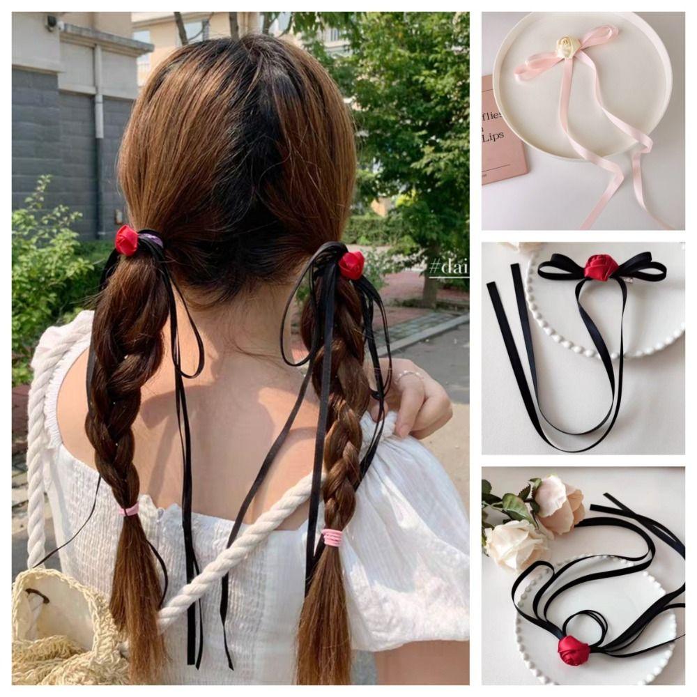 

Rose Flower Balletcore Hair Rope Cloth Bow Ribbon Hairpin Cute Lady