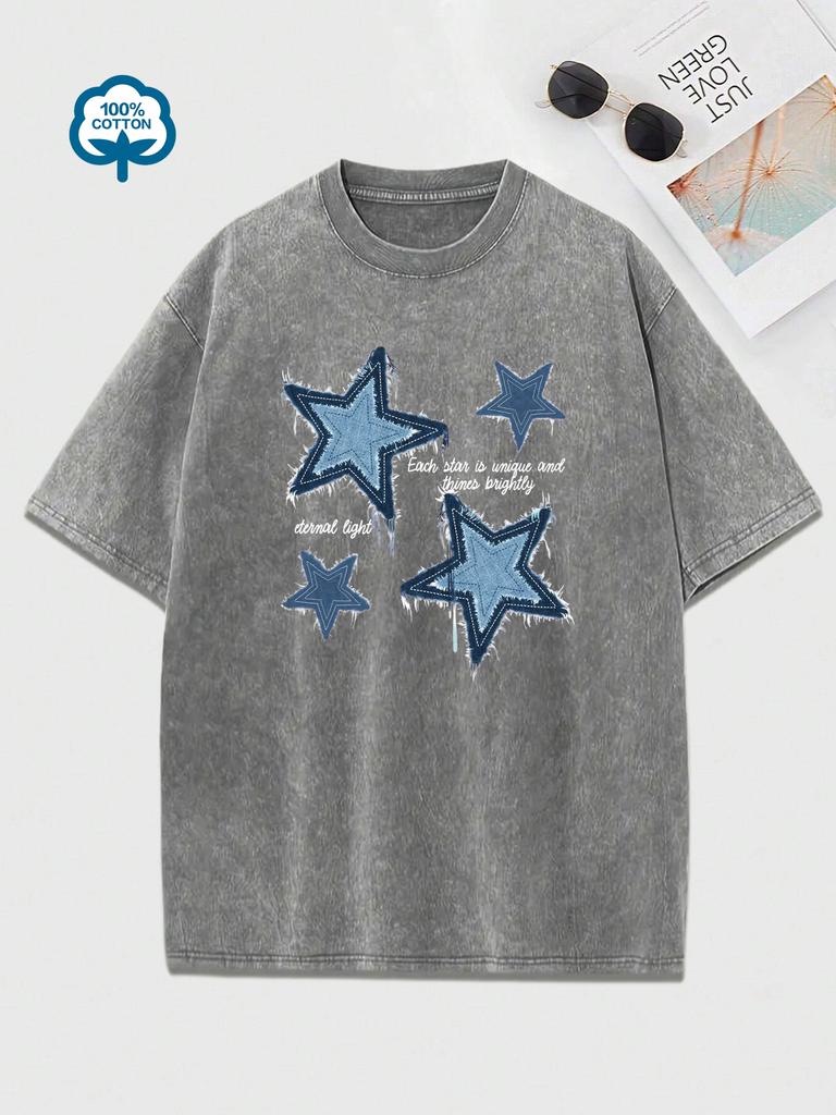 Retro Blue Jean Star Print  Snow Wash T Shirt Woman Y2K Washed Tees O-Neck Casual Short Sleeve All-Match Cotton Womens Clothes