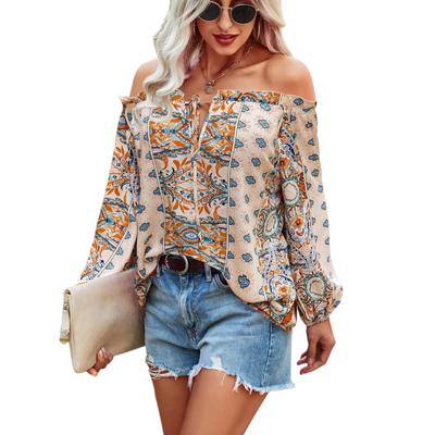 2023 sommer Neue Böhmischen Stil Floral Print Off Schulter Lange Ärmeln Hemd für Frauen
