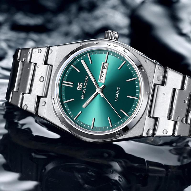 Business Casual Steel Chain Men Watch Month Week Dual Calendar Waterproof Watch Silver Gold Simple Men Watch