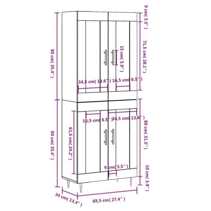 VidaXL Buffet haut Sonoma gris 69,5x34x180 cm Bois d'ingénierie 3199615