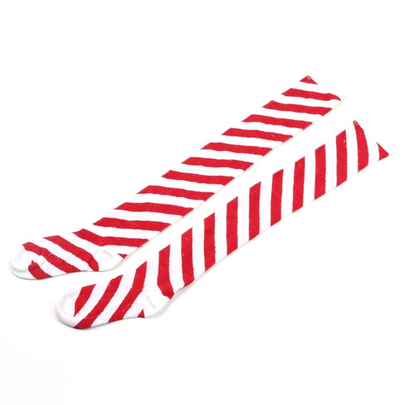 Women Girls Over Knee Long Socks Christmas Diagonal Striped Print Christmas Thigh High Stockings Holiday Party Hosiery