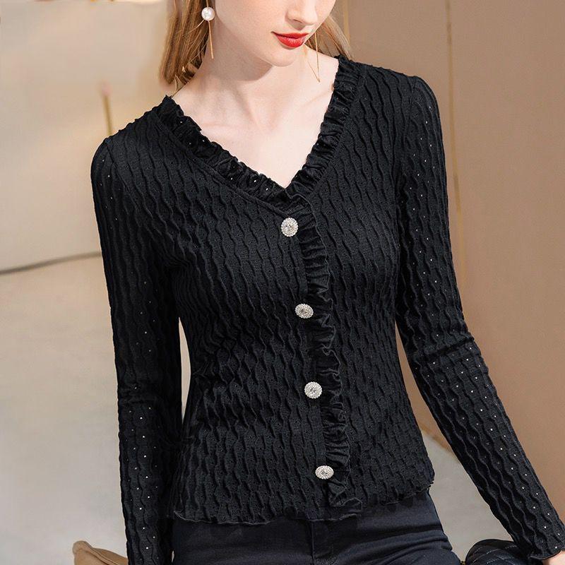 

Офисный стиль Модная элегантная белая футболка с кружевами и оборками Женская одежда Базовая шикарная женская футболка с V-образным вырезом, облегающая, с длинным рукавом, однотонная S чёрный