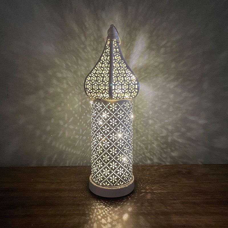 White LED Hollow Out Iron Lantern Vintage Home Decor Bedroom Living Room Ambient Lighting Craft Ornament for Indoor Outdoor Use