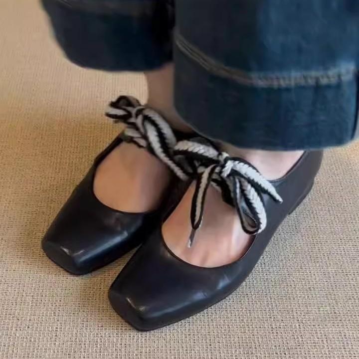 Square head polished retro lace-up ballet shoes literary Mary Jane small leather shoes thick heel single shoes 34