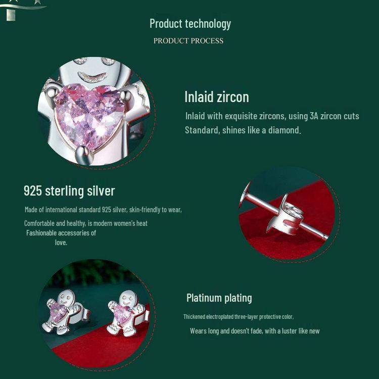 Yinziyun Gingerbread Man and Pink Heart Zircon S925 Sterling Silver Stud Earrings for Women