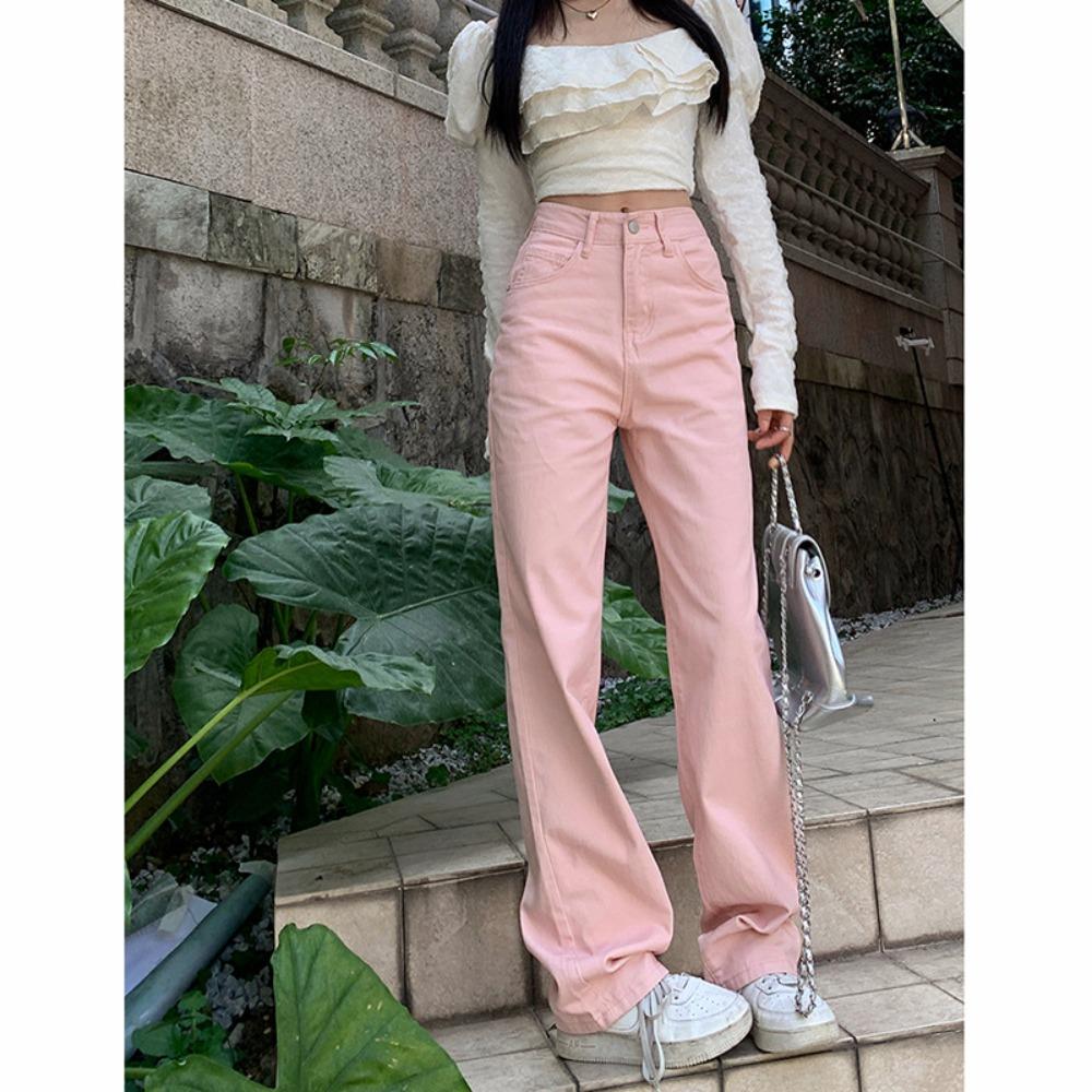 Casual simple straight wide-leg jeans for women's spring and autumn new high-waisted and thin Korean version of wide-leg floor pants