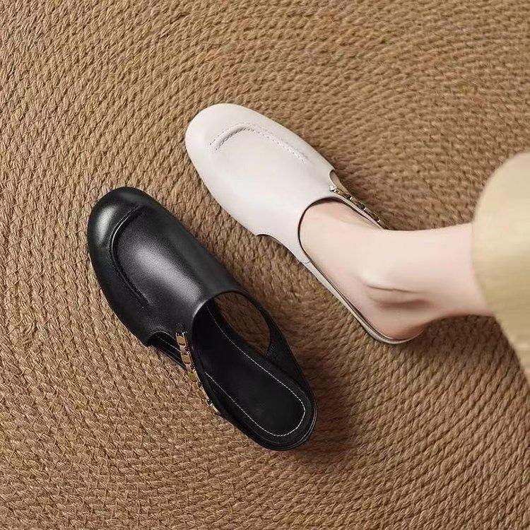 Baotou half slippers women's summer fashion outer wear 2025 new soft leather retro versatile casual flat muller shoes trend