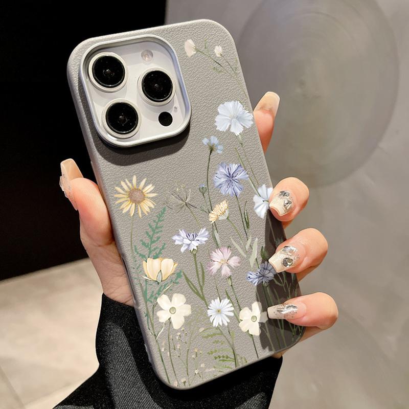 Silikonowe etui na telefon z teksturą białej skóry z kwiatowym wzorem dla iPhone 16 15 Pro 14 13 12 Pro Max 14 15 Plus 11 16e Magnetyczne do ładowania bezprzewodowego Magsafe