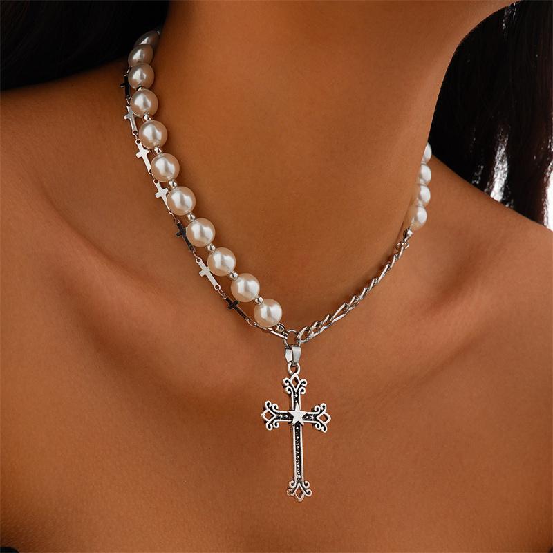 1/2 Stücke Perlenkreuz Halskette Großes Kreuz Anhänger Halsketten Für Frauen Klobige Perlenkette Gothic Punk Vintage Kreuz Halskette