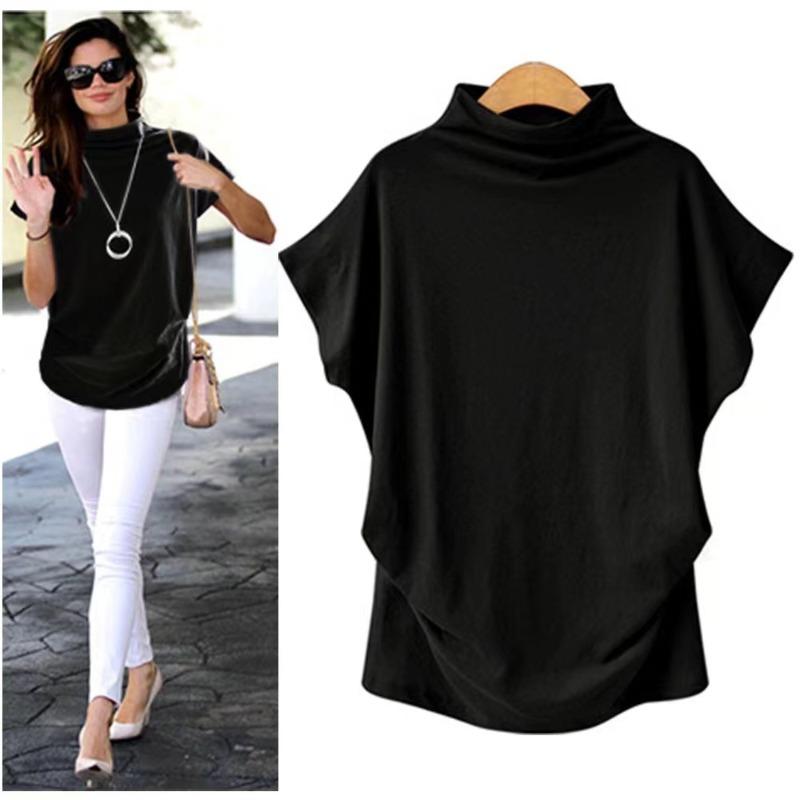 Women Turtleneck Cotton Tee Shirt Summer Short Sleeve Solid Casual Tops