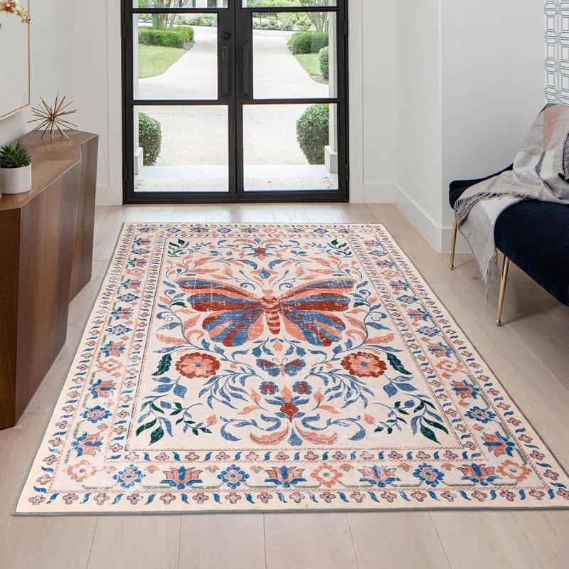 Pink Living Room Carpet Retro Butterfly Floral Print Bedroom Rug Machine Washable Non-slip Coffee Table Sofa Mats Tapis Alfombra